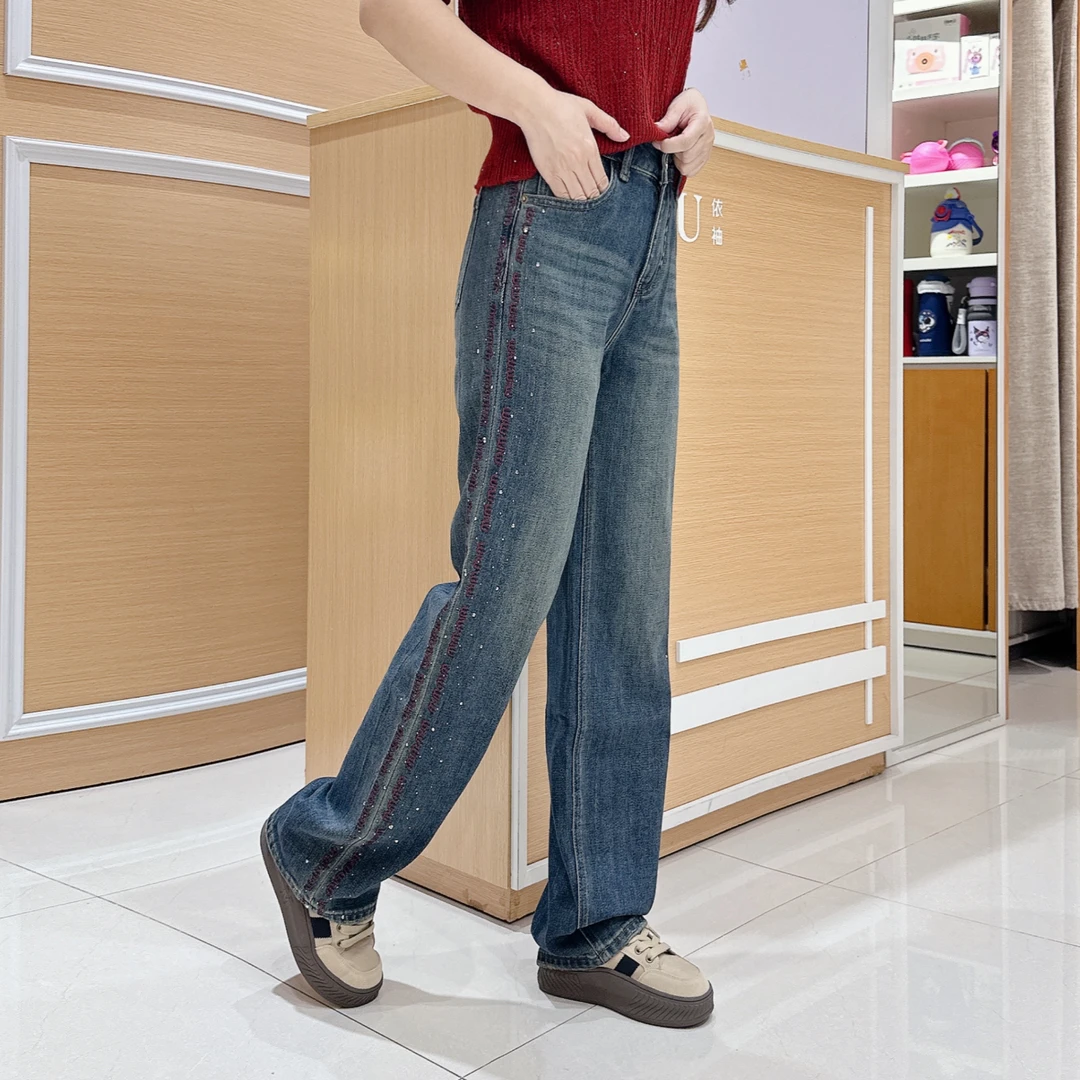 高档时尚阔腿牛仔裤5-6989秋季刺绣烫钻重工/长105厘米