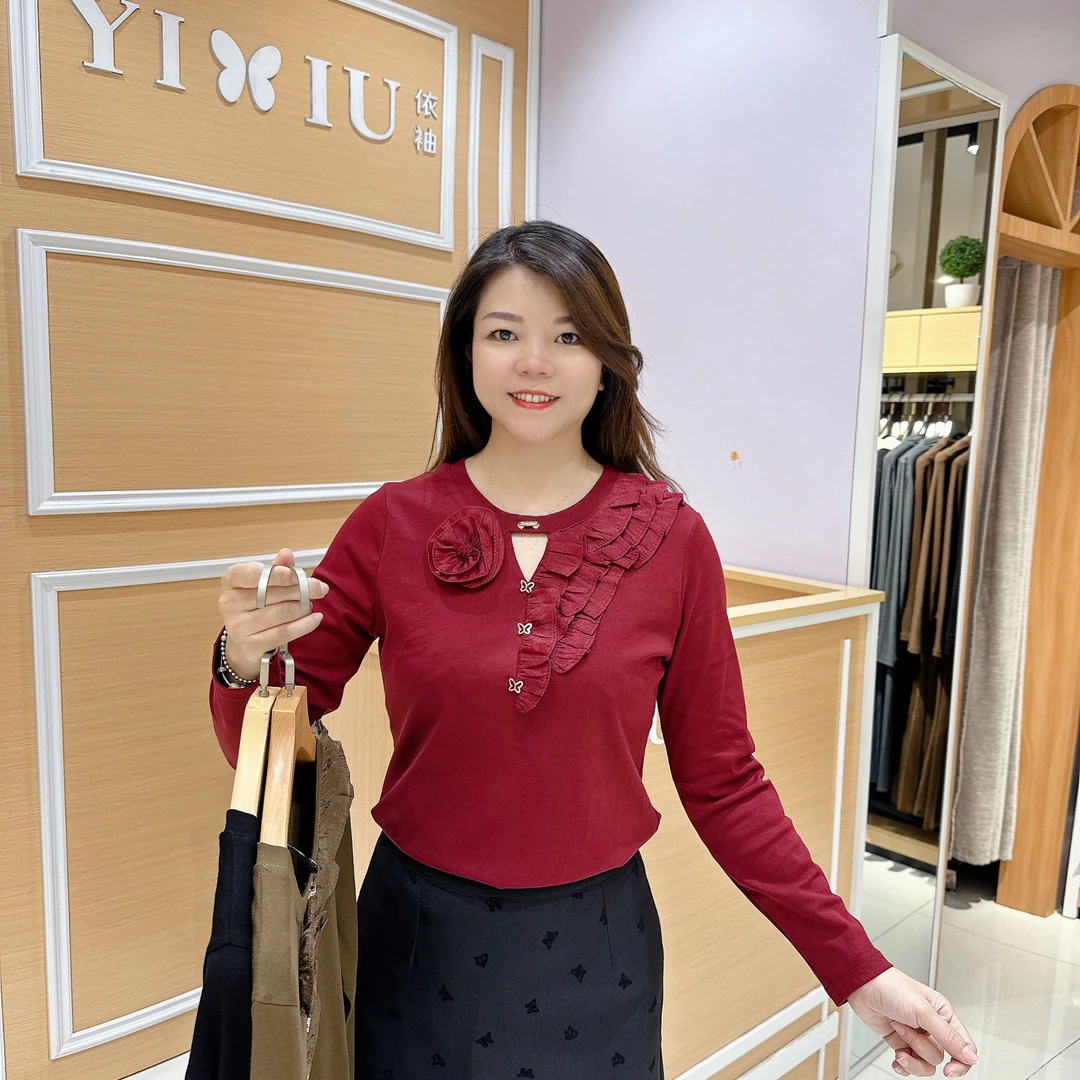 女士时尚气质上衣 5-893秋季修身显瘦洋气圆领淑长袖棉T恤