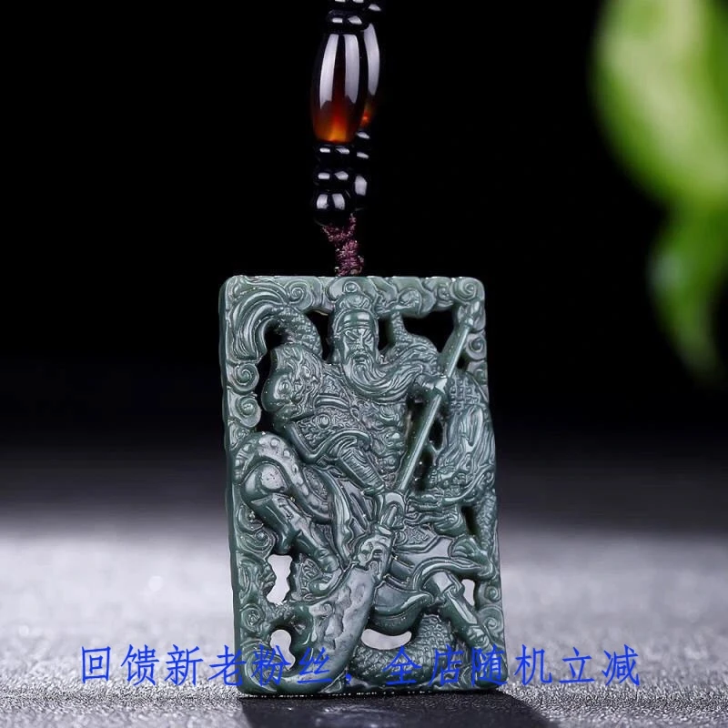 纯天然和田玉青玉镂空提刀青龙偃月刀关公霸气雕刻精雕男士生肖