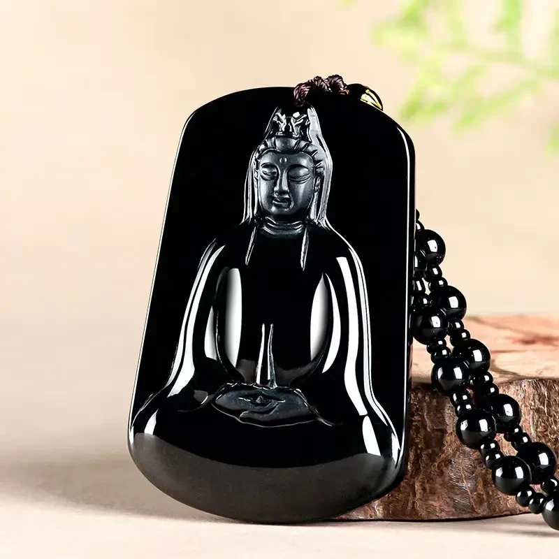 正品高档墨翠a货翡翠素衣净瓶观音佛像玉石吊坠透绿挂件男士项链