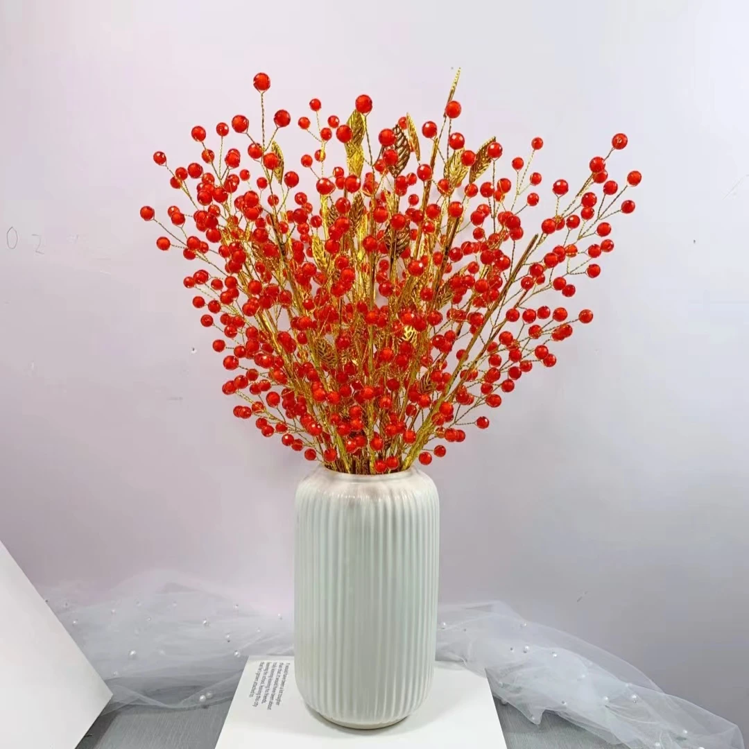 【班班精品红果】富贵冬青果三代金叶中摆材料+竖纹瓶宠彩灯