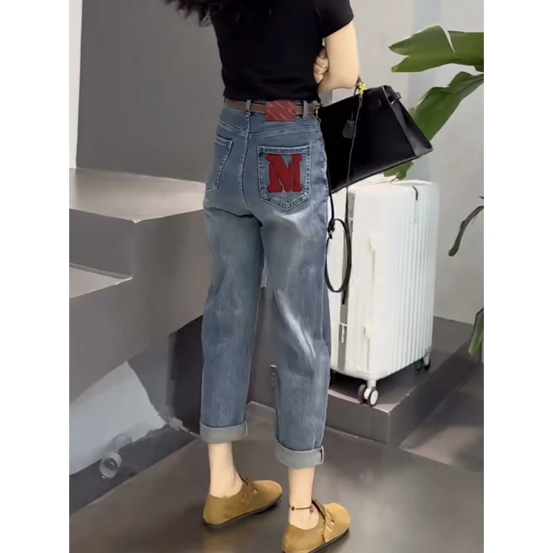 秋季新款大码梨型身材哈伦牛仔裤女微胖mm显瘦弹力窄版阔腿老爹裤