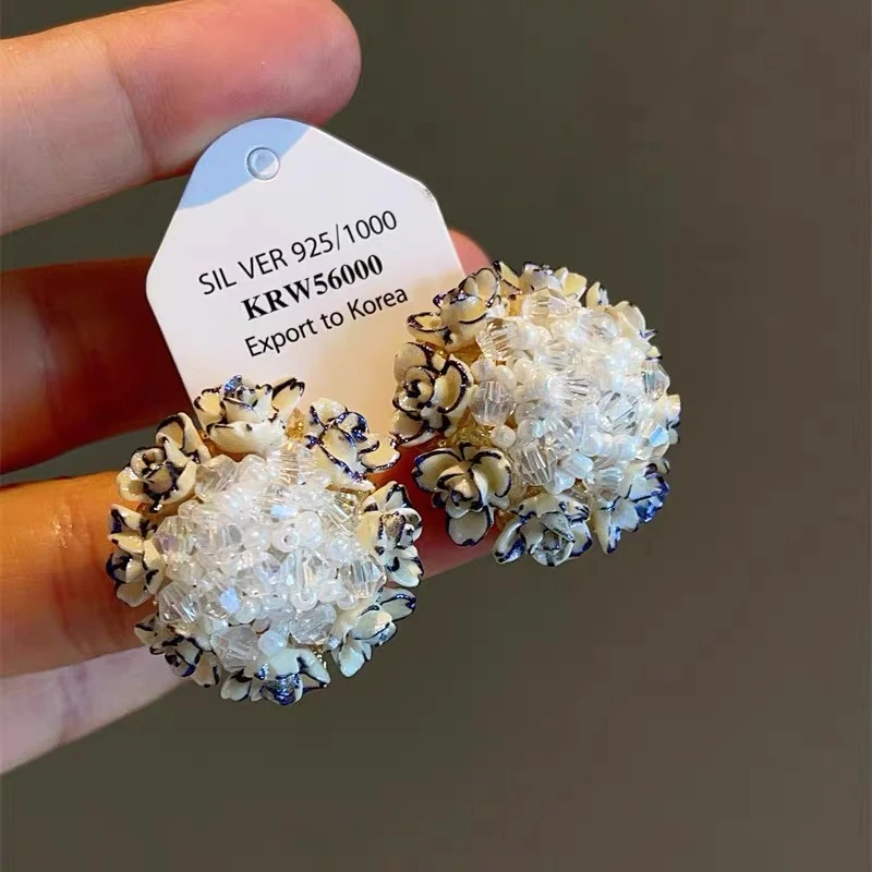 铜合金合成锆石耳饰 【花团】手工新款夸张青花瓷秋冬爆款耳饰A086