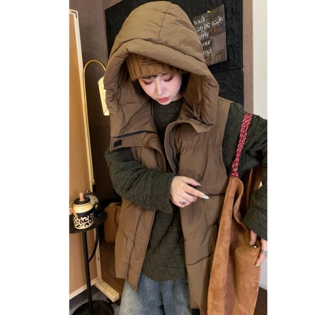 HY1987宽松大码慵懒带帽加厚棉服马甲百搭保暖冬季时尚韩版设计感