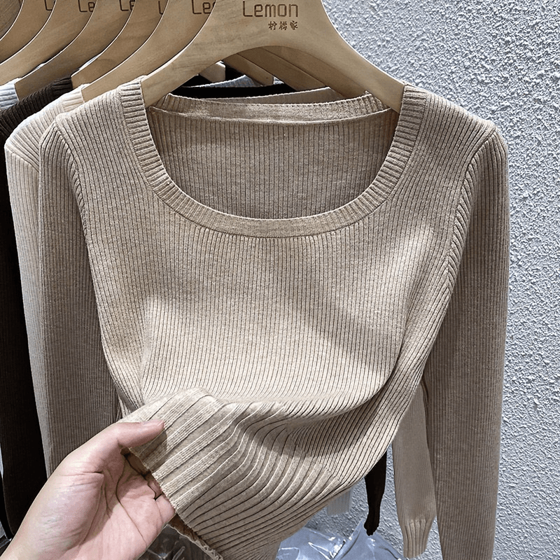 早秋针织衫上衣女方领修身短款收腰春秋内搭设计感小众打底衫毛衣