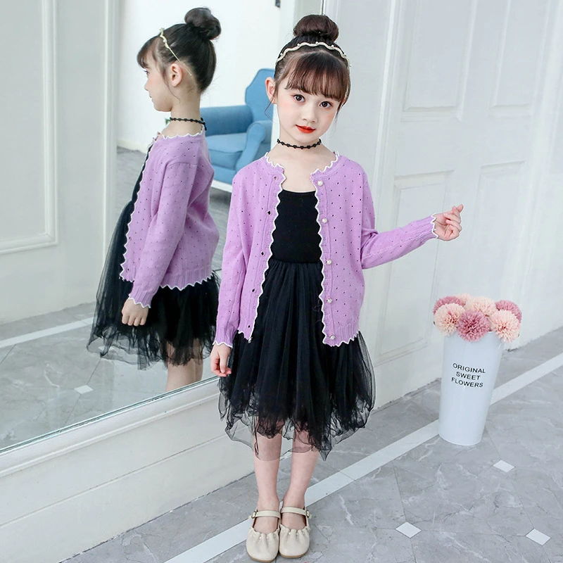 女童春秋针织开衫2025新款儿童长袖外套女孩紫色薄款披肩洋气外搭