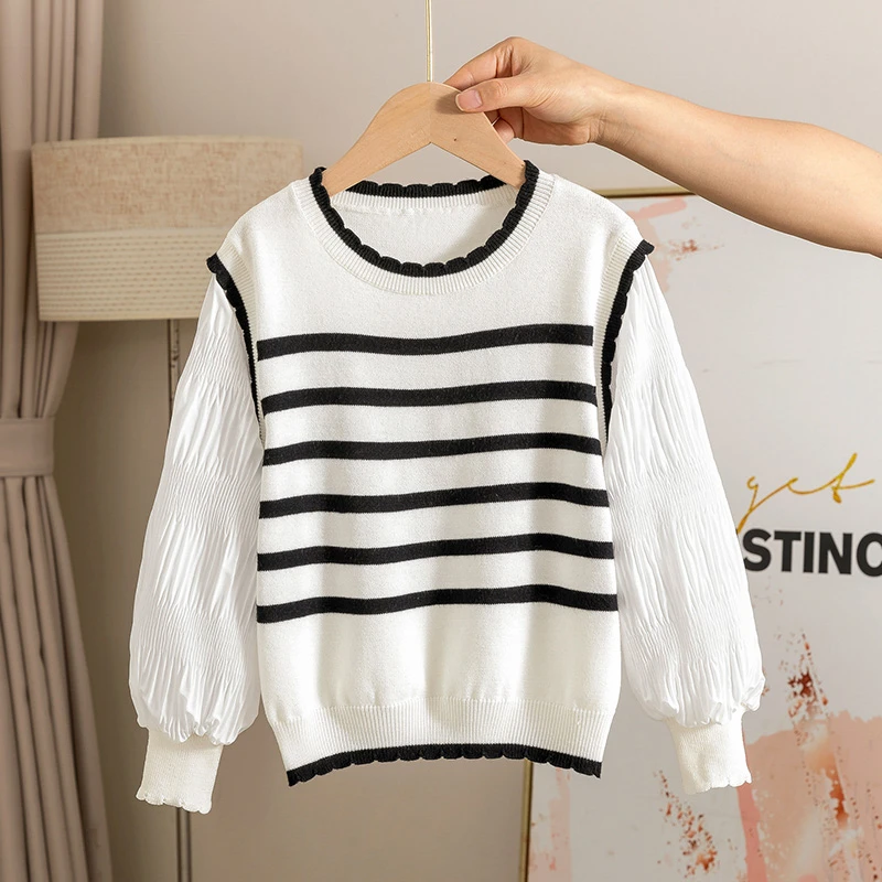 女童薄款上衣中大童新款童装儿童春秋条纹针织衫女孩长袖宽松T恤