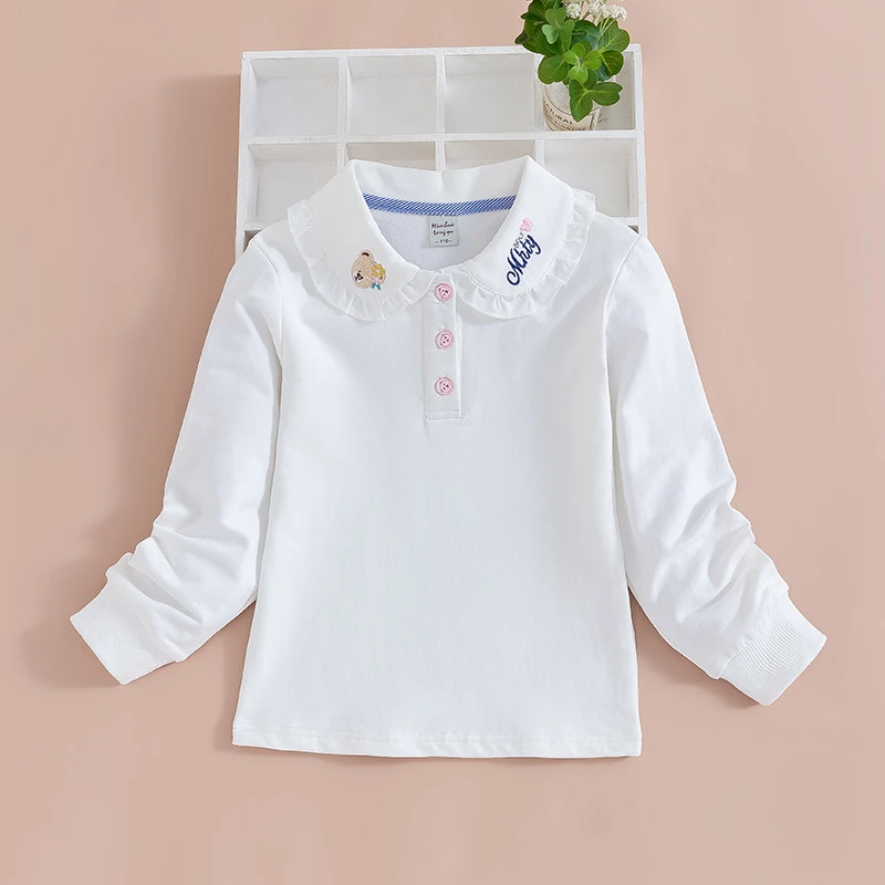女童秋季洋气上衣韩版新款童装中大童花边领POLO衫女孩白色打底衫