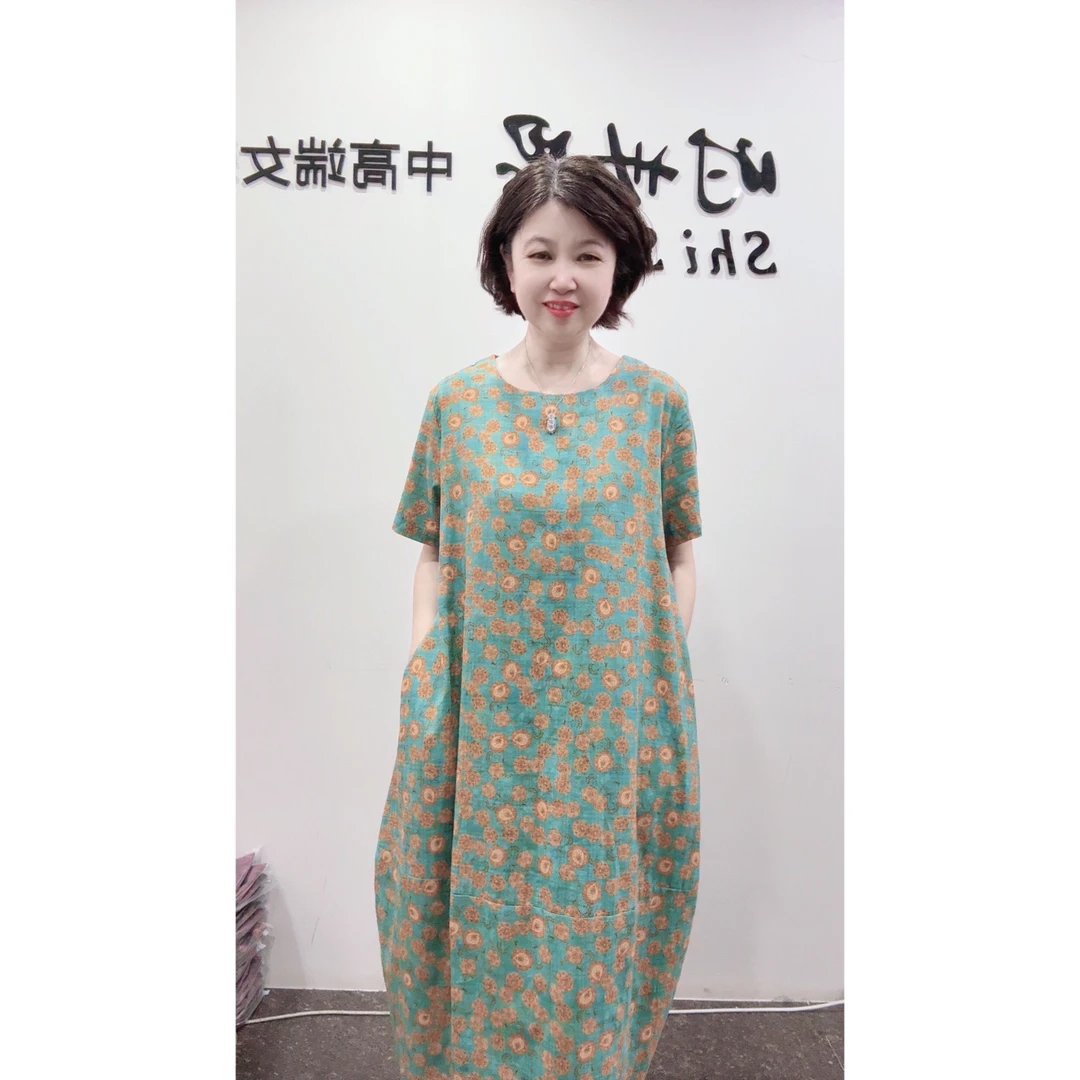 [时世思]夏季棉麻印花宽松文艺短袖连衣裙显瘦中长款连衣裙