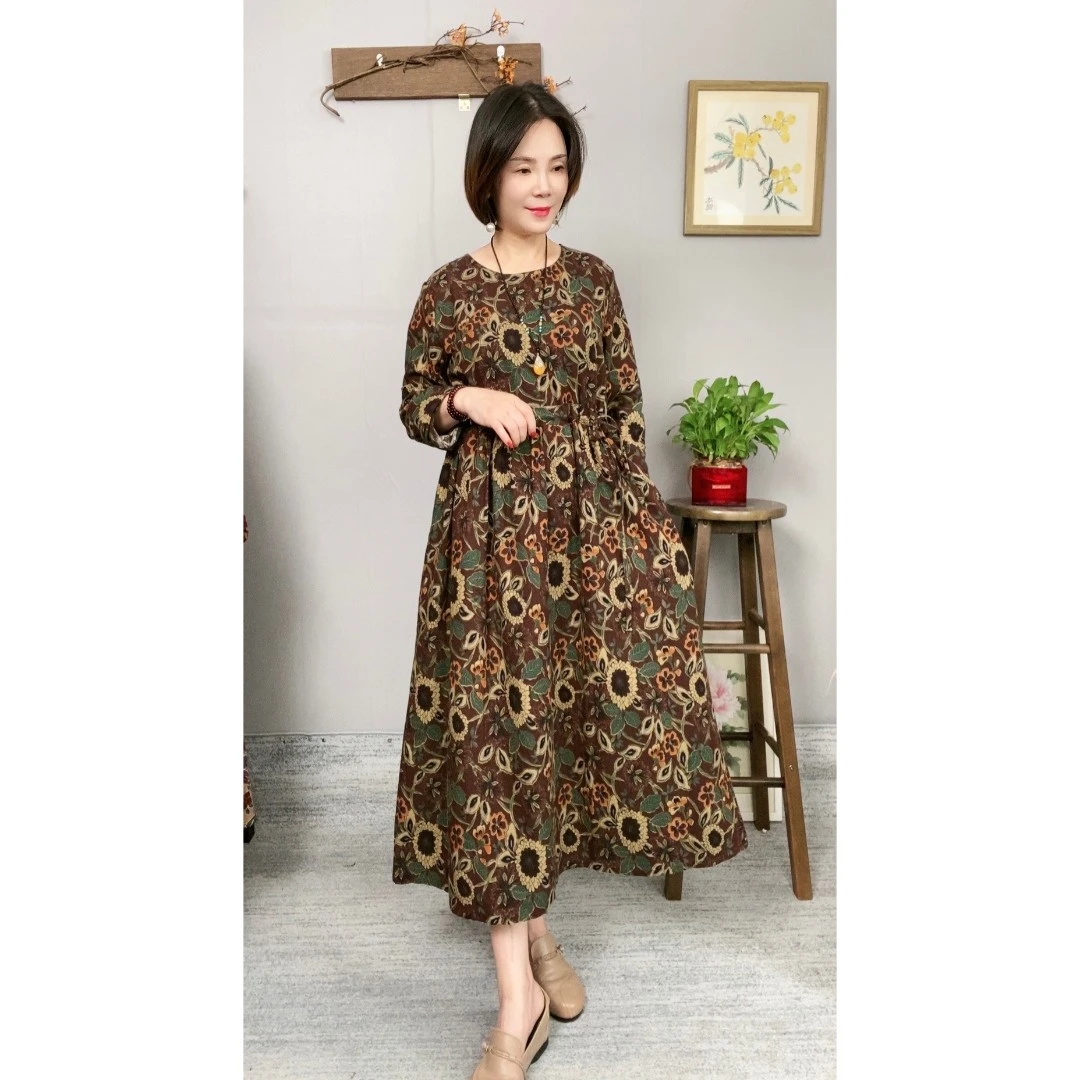 1005秋款棉麻气质印花复古休闲宽松花色时尚收腰连衣裙