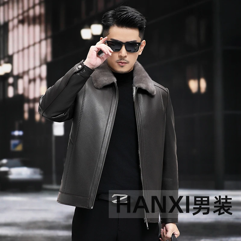 87032-1进口水貂皮夹克男款 高档翻领保暖皮衣冬款棕色鹿皮中老年