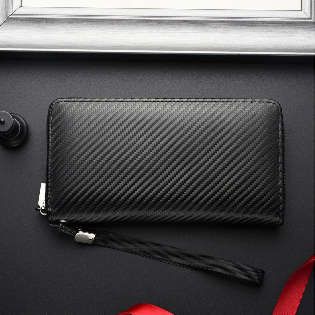 男士钱包长款2024新款商务手拿碳纤维纹大容量多卡位青年拉链钱夹
