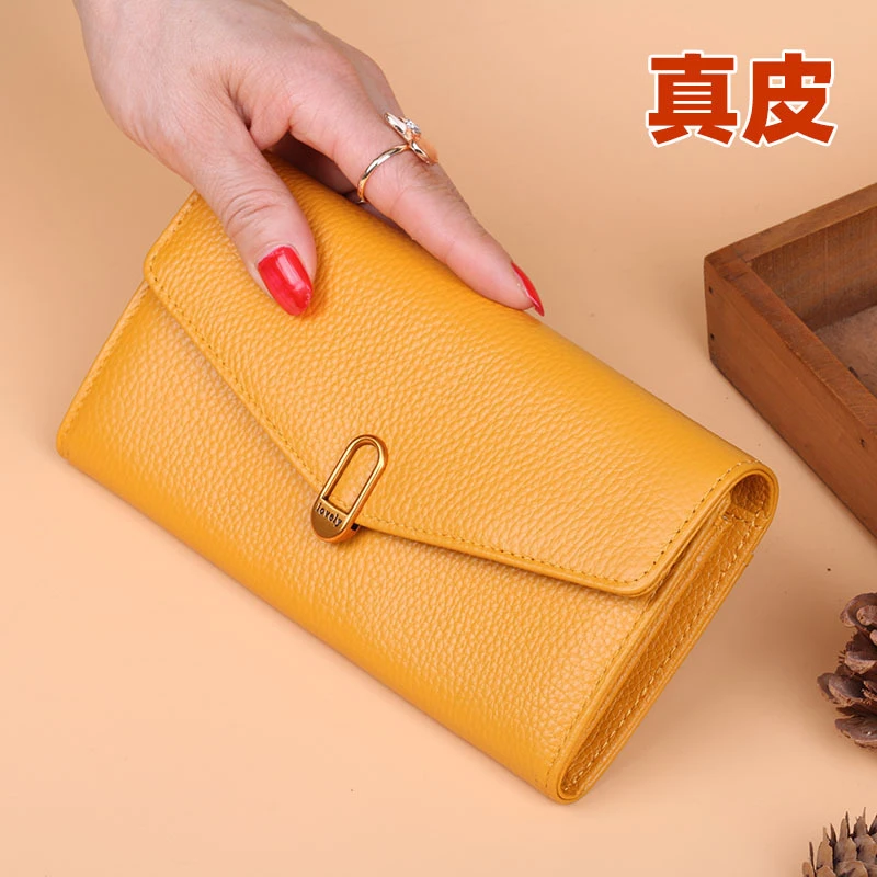 头层牛皮钱包女款黄色长款钱夹2025新款真皮手拿包爆款精致皮夹