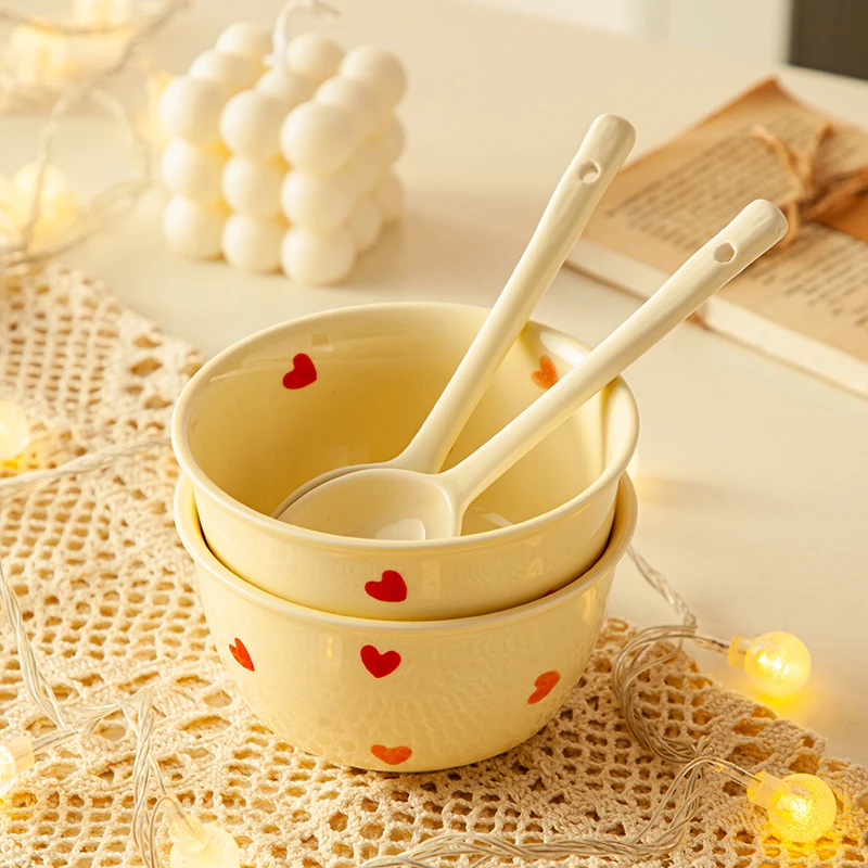 桃心4.5英寸米饭碗 2碗2勺 家用陶瓷餐具浪漫爱心饭碗沙拉碗