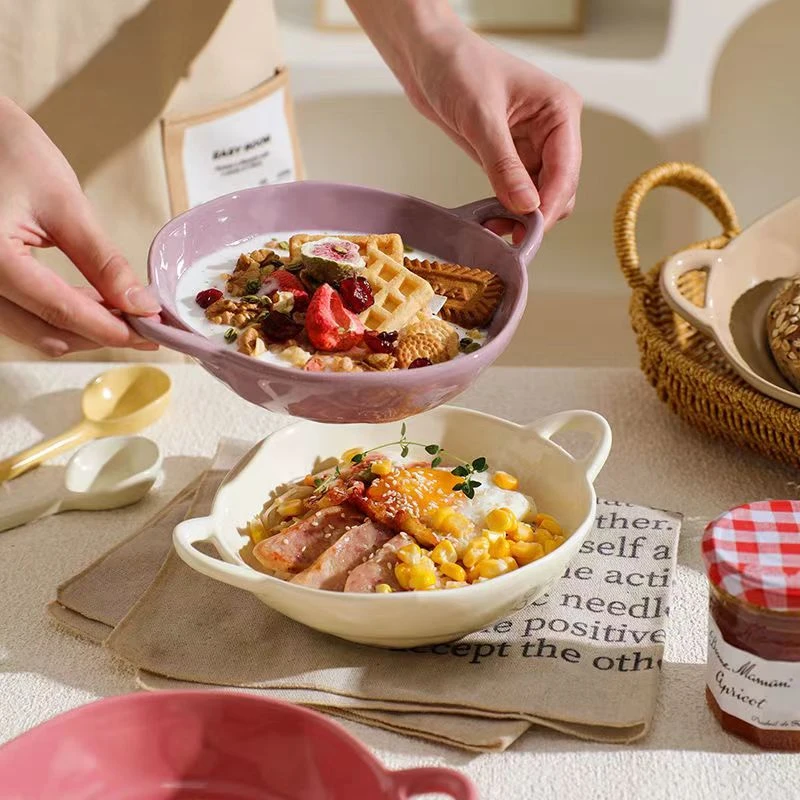 糖果色双耳异形碗2只套装家用汤碗面碗陶瓷碗高颜值双耳防烫碗