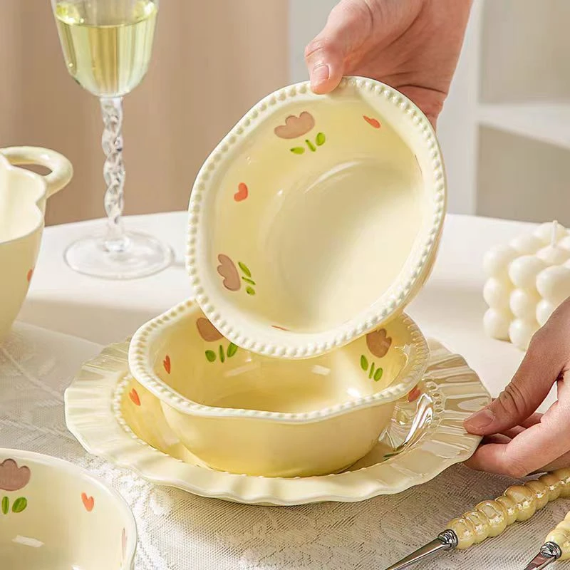 紫郁金香一人食草帽盘珠点碗套装水果沙拉盘早餐碗勺组合家用餐具