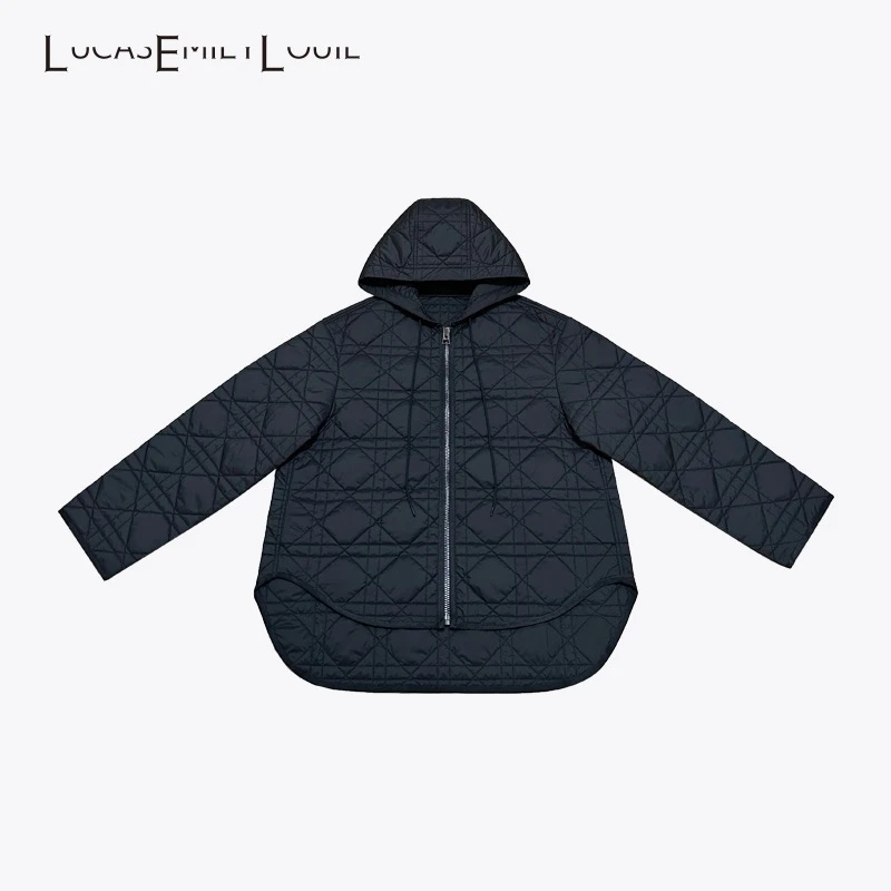 LUCASEMILYLOUIE 秋冬休闲戴妃格龟背廓形拉链连帽棉服2311123