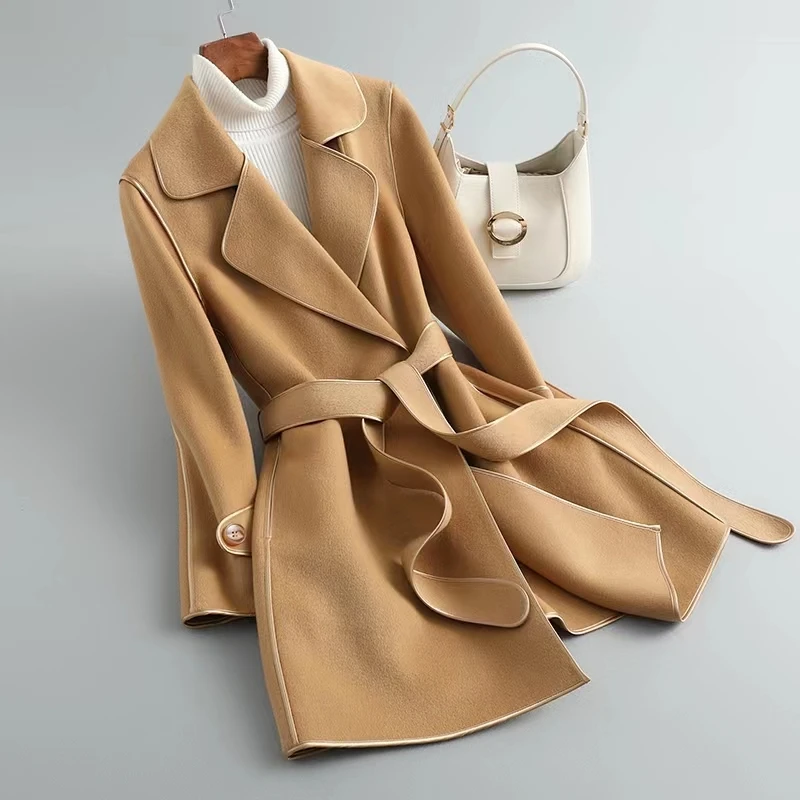 D-2277双面呢大衣时尚百搭大衣秋冬中长款修身显瘦150-155小个子