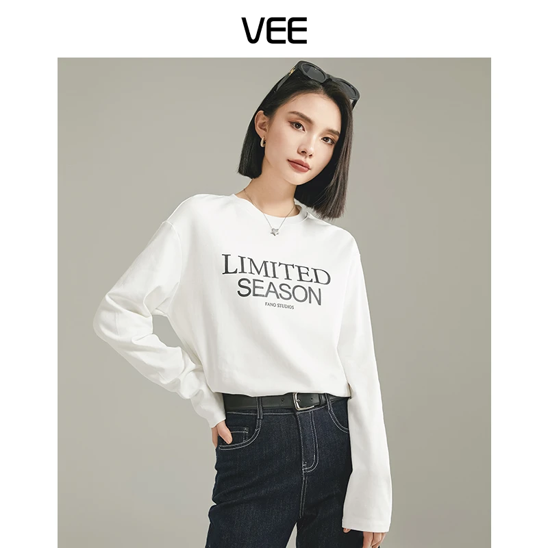 【短视频】VEE【小情歌】 百搭休闲圆领套头宽松长袖T恤女短款