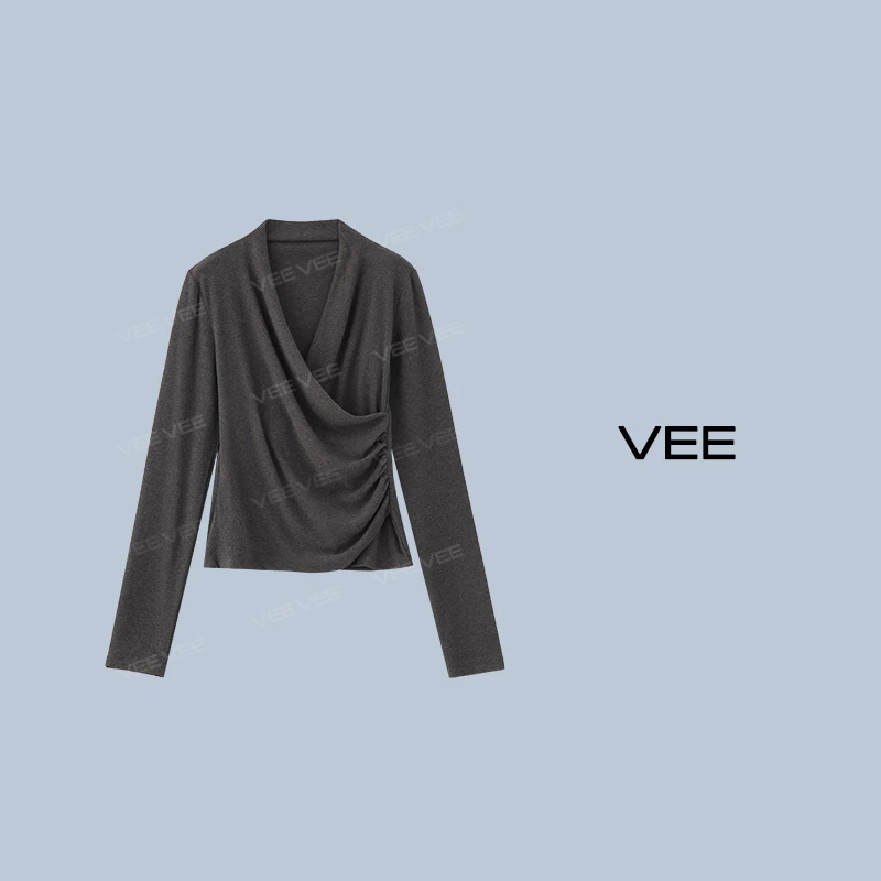 【短视频】VEE【美人T】新款时尚百搭长袖交叠领小心机女人T恤打底衫