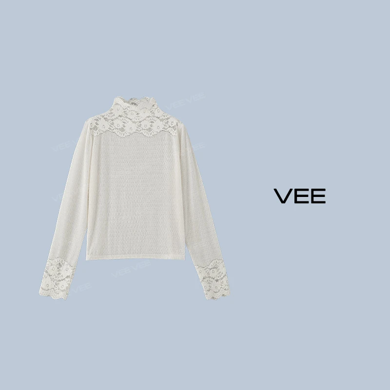 【短视频】VEE【白羽毛】新品时尚百搭微透长袖半高领蕾丝打底衫