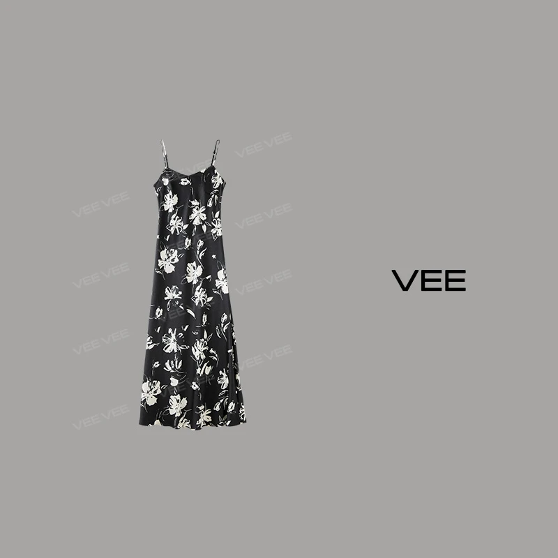 VEE【待花期】夏新款显瘦气质法式印花收腰吊带连衣裙