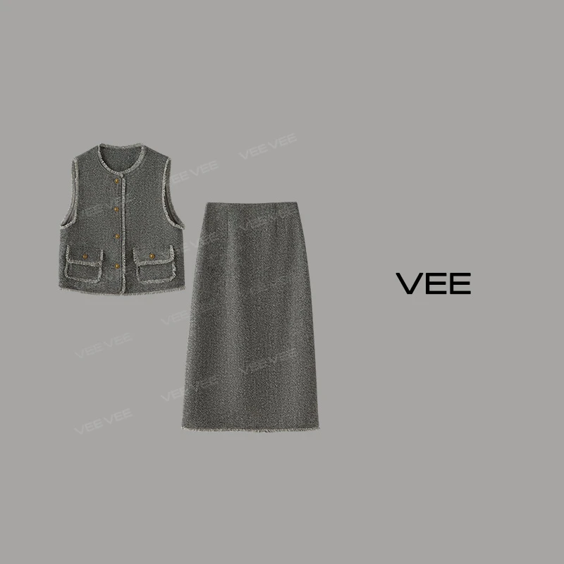 【短视频】VEE【晚风吹】新款香风感半裙&马甲灰色复古气质春秋