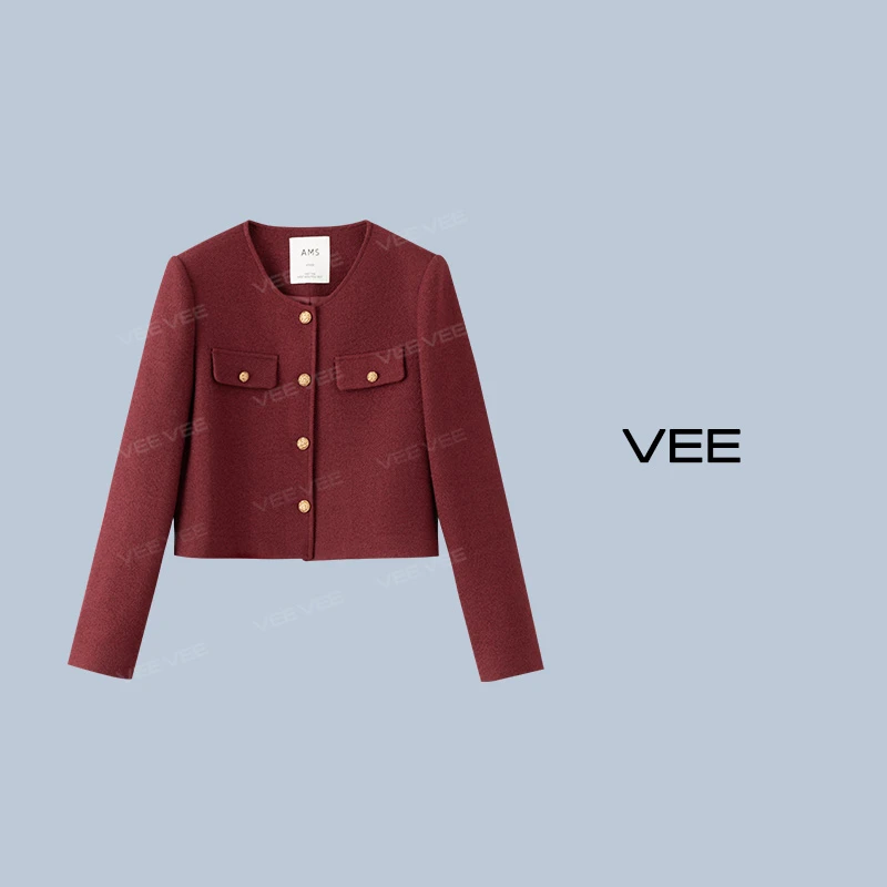 【短视频】VEE【安可拉红】新款秋冬时尚百搭复古小香风红色短款外套