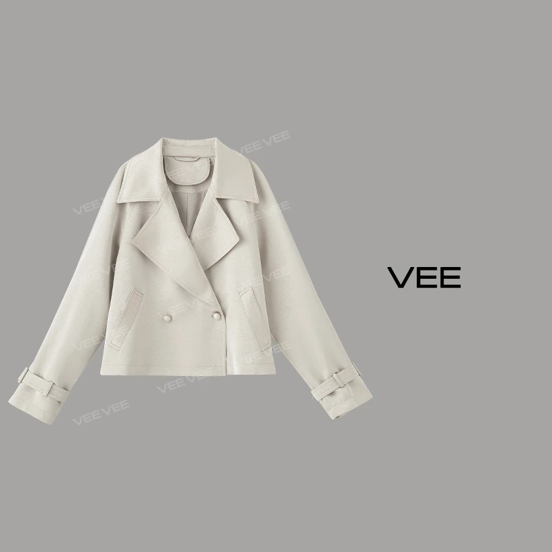 【短视频】VEE【流光之境】独特抓皱秋季光感翻领半圆油扣短风衣