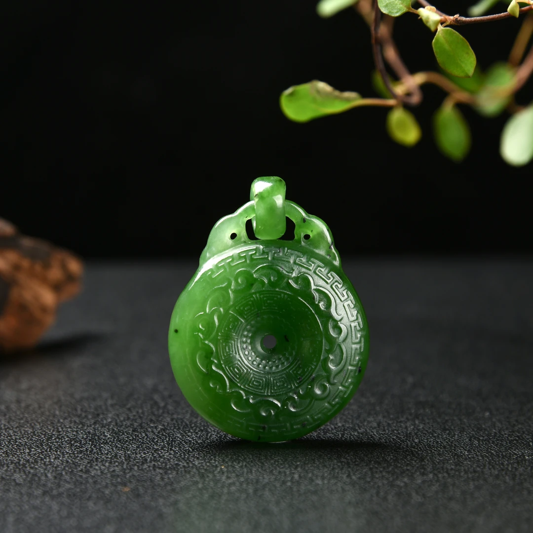 【矿姐珠宝】和田碧玉平安扣吊坠项链雕刻件怀古双面图案平安扣赠链