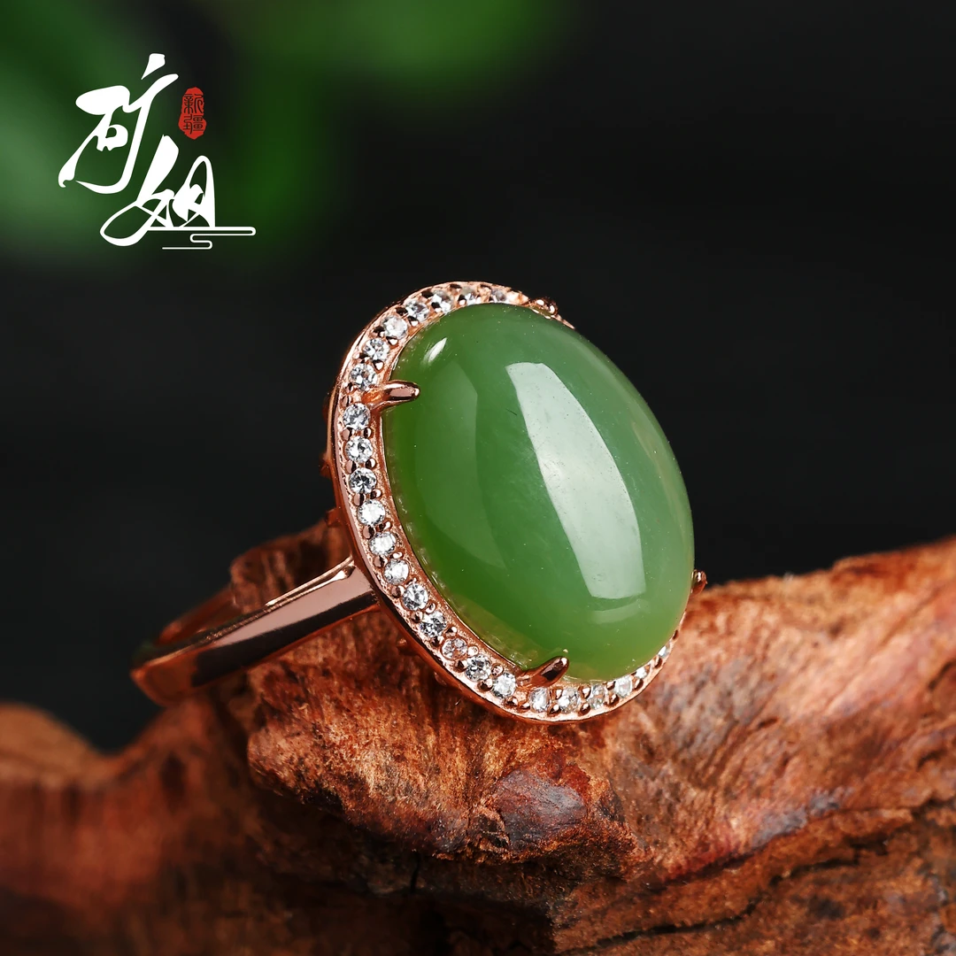 【矿姐珠宝】和田玉碧玉戒指蛋面S925银活口戒指镶嵌时尚百搭日常