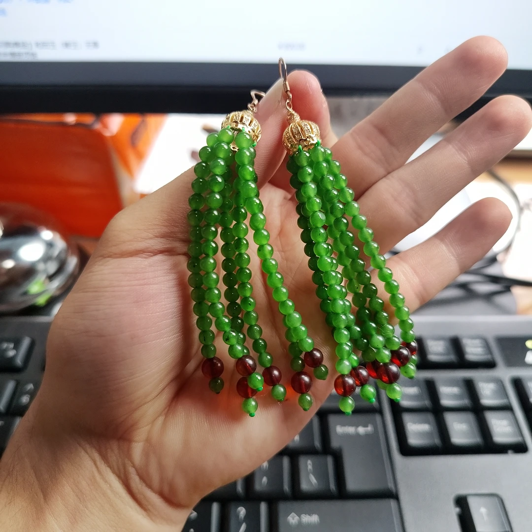 【矿姐珠宝】和田玉碧玉流苏耳环小米珠长款耳环耳饰碧玉显气质时尚