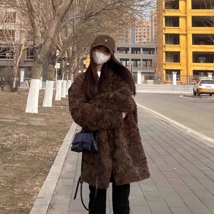 2023皮毛一体泰迪西装中长款大衣女秋冬加厚黑色羊羔毛感毛毛外套