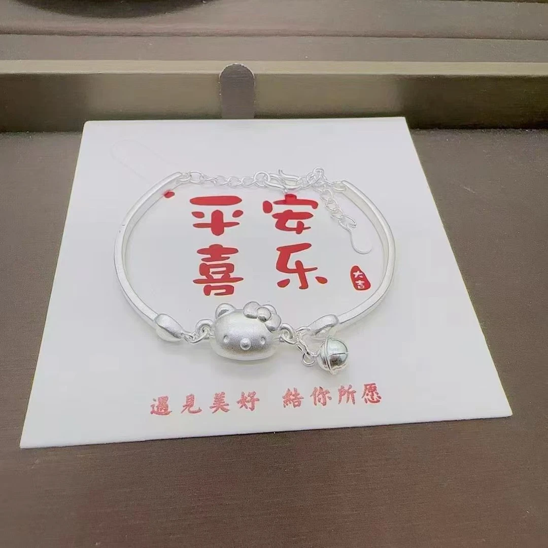 足银手链 足银999可爱实心kitty铃铛弯管少女手镯可调节闺蜜手链