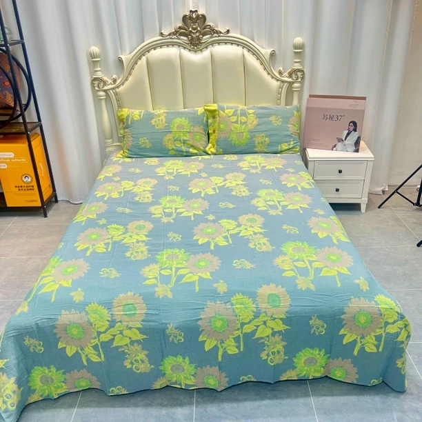【向阳花蓝】全棉双层纱三件套（一个床单+两只枕套）