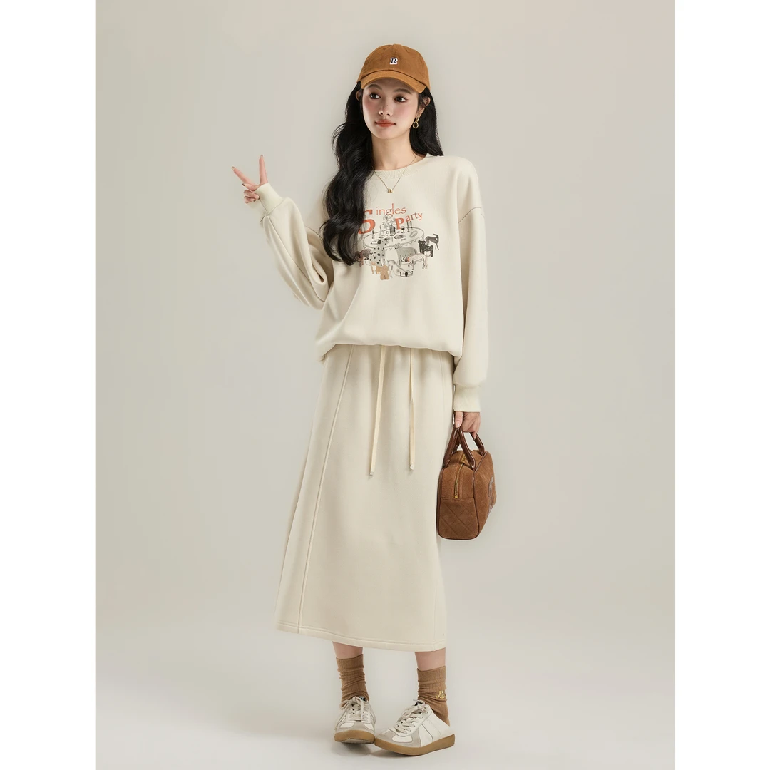 宿本【休闲日记】卫衣套装2024年秋冬加绒上衣+半身裙1441644TF