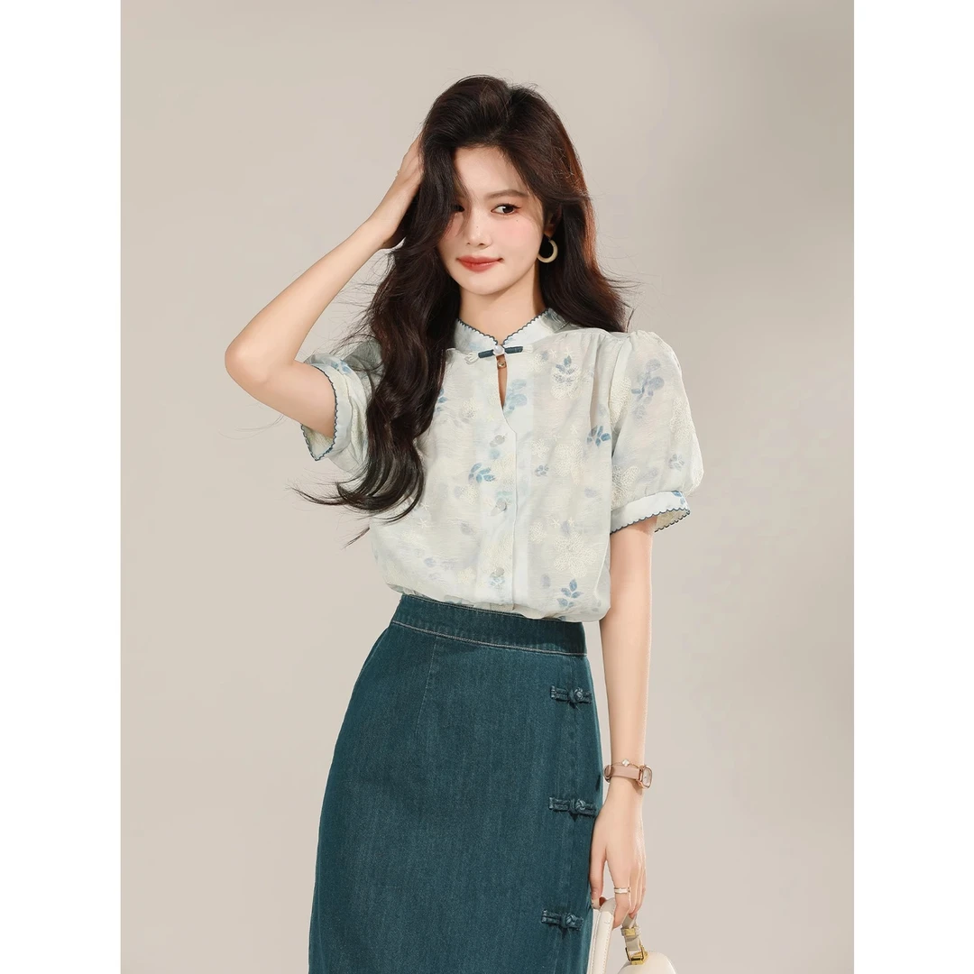 宿本【蓝风铃】2025夏季新中式国风衬衫+半身裙套装1420447CC
