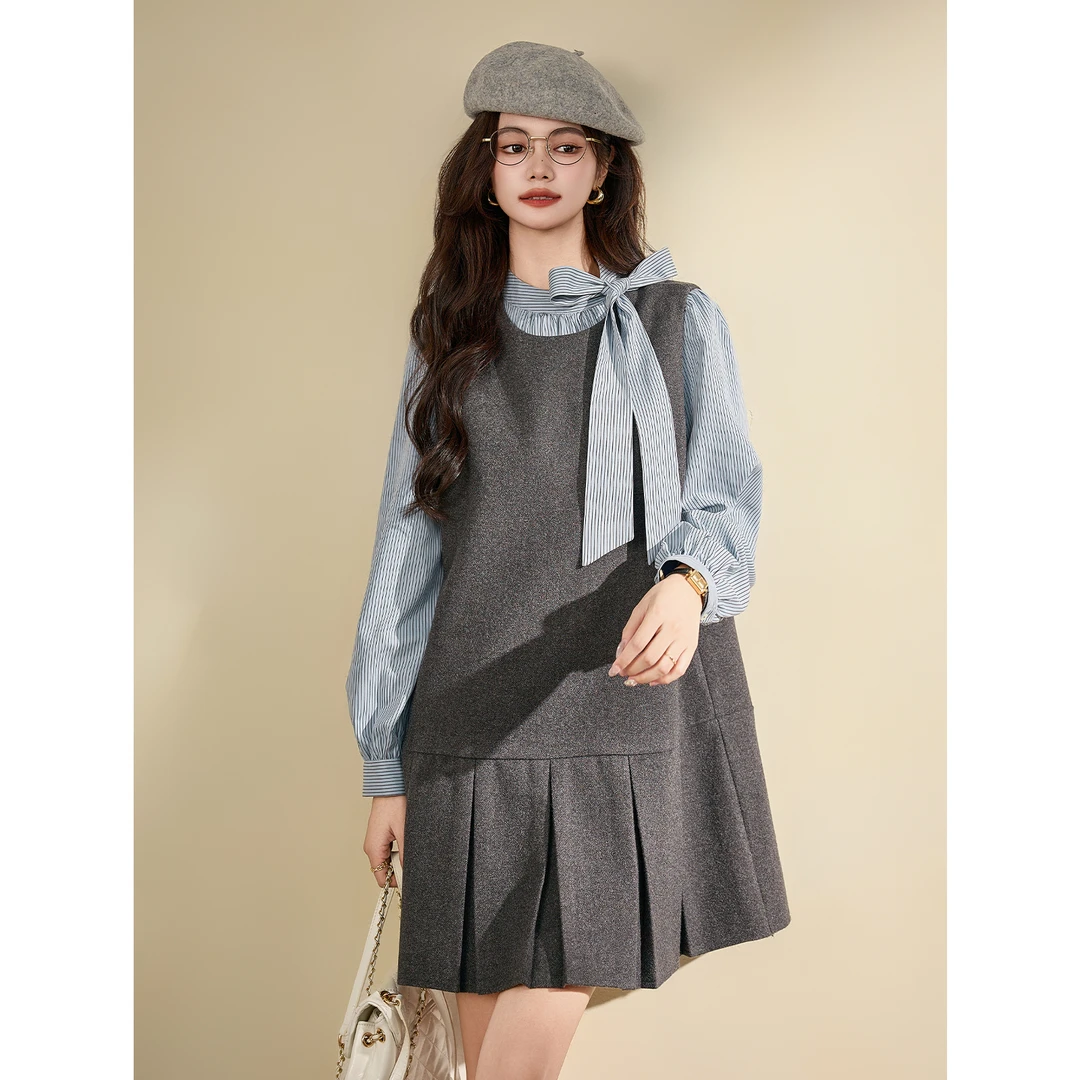 宿本【云边漫步】小个子套装2024秋季条纹衬衫背心连衣裙1441560LP