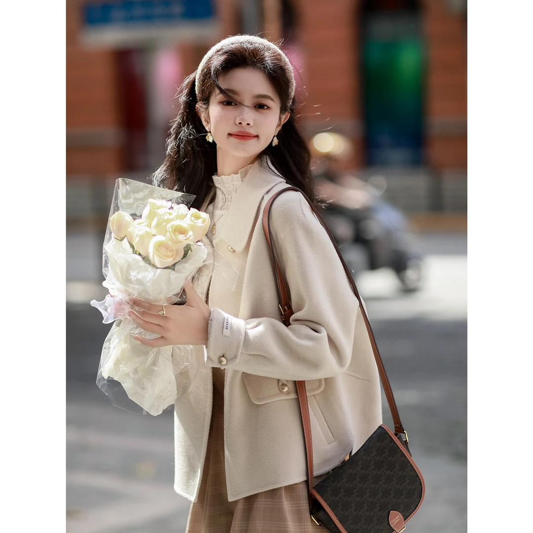 宿本双面呢大衣2024年冬季新款短款毛呢外套小个子大衣1331497GW