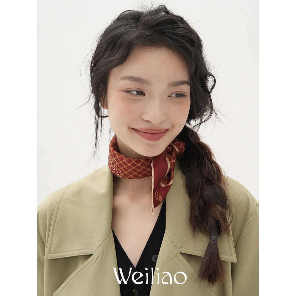 Weiliao/尉了一束山茶格纹小方巾酒红橄榄绿丝巾秋冬礼物真丝百搭