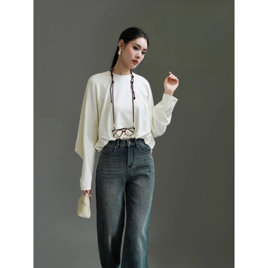 JANGHEMEI【浮木】330g暖姜休闲宽松圆领落肩长袖T恤 T26217M43