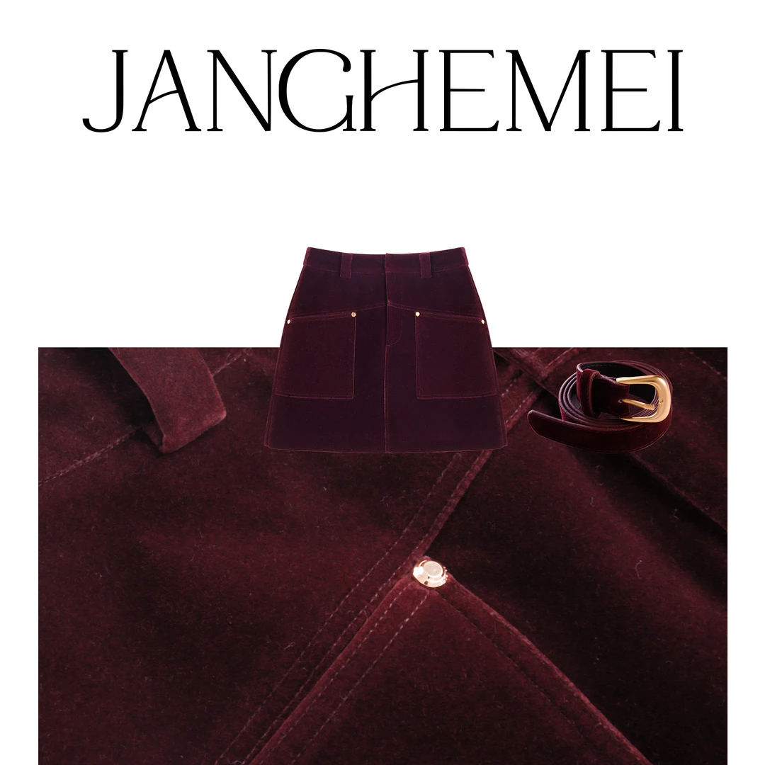 JANGHEMEI【酒红色丝绒半身裙】A字包臀高腰裙 B12086M34