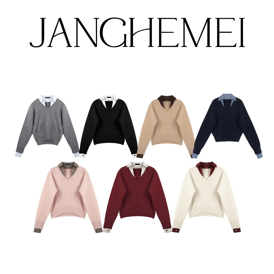 JANGHEMEI【假两件拼接衬衫领针织衫】简约套头毛衣 M12179M34