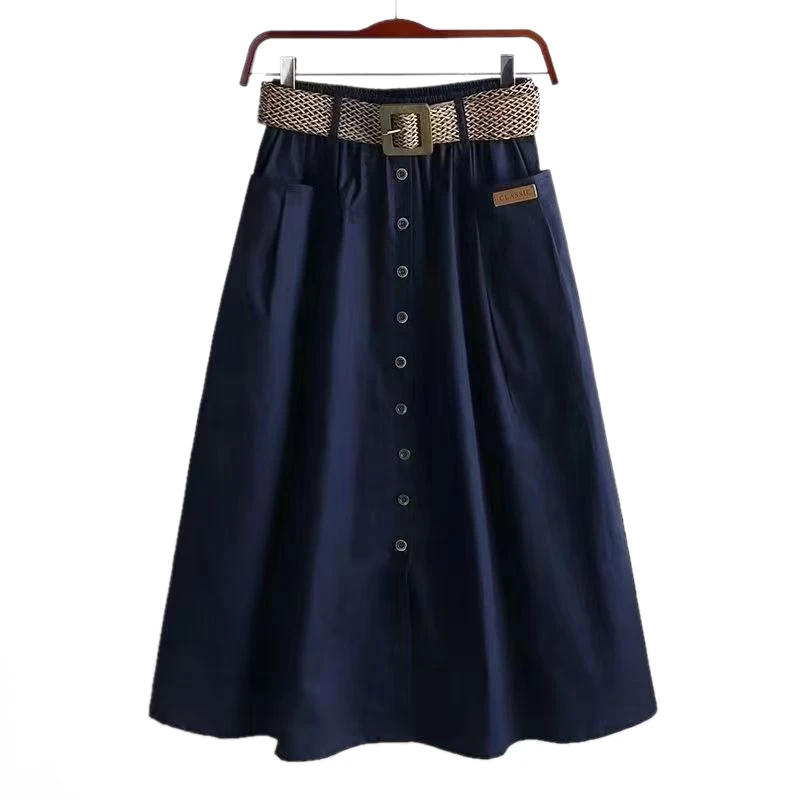 【送腰带】9930#水洗纯棉半身裙松紧腰大口袋显瘦开叉ins中长款伞裙