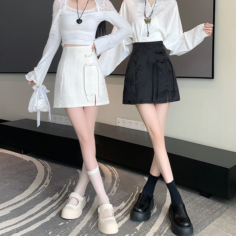 【鹿鹿专属】9907#新中式盘扣提花显瘦国风短裙A字裙黑色半身裙子