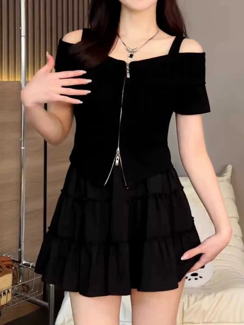 一字肩大码甜酷风双金属链头纯欲短袖胖mm遮肉显瘦打底衫半袖