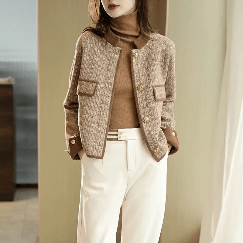 高雅华贵法式小香风圆领针织毛呢短外套女气质百搭撞色上衣高级感