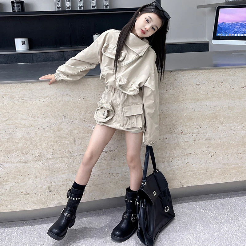 女童立体口袋套装秋装2024新款洋气时髦两件裙子个性潮酷穿搭套装