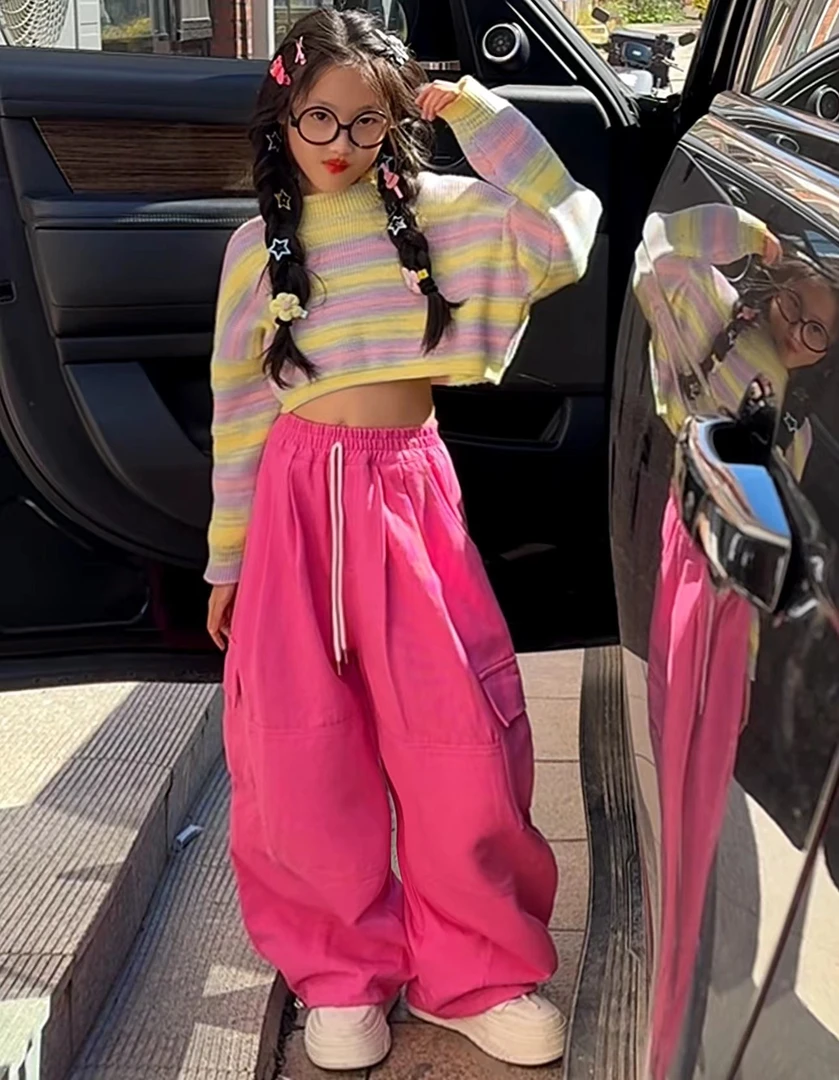 【影宝专属现货】多巴胺穿搭彩色条纹长袖针织衫秋季潮短款甜辣上衣