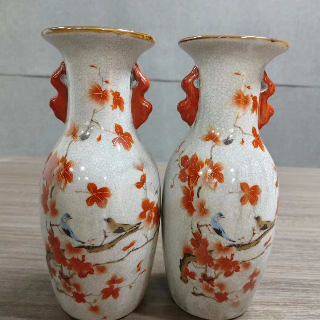 【金秋枫情开片双耳瓷器一对】木稏画院 精品精选开片瓷器